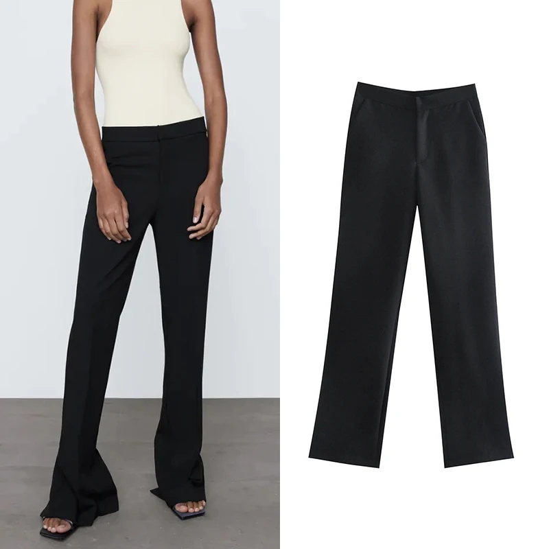 

Summer Pants Women ZA Full-Length Solid Trouser High Waist Flare Pantalon Female Fashion Pants Zipper Trouser Pockets