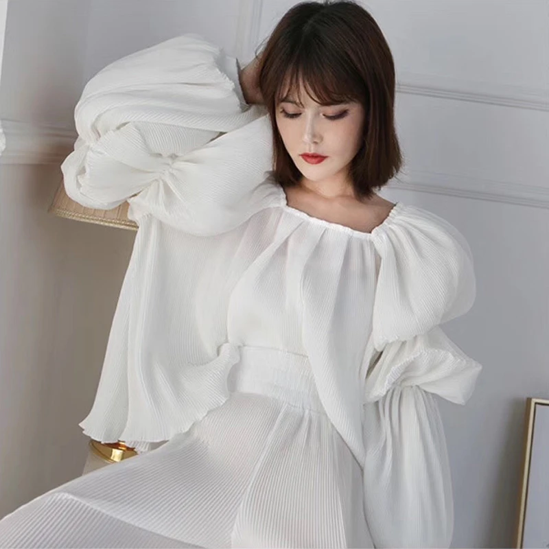 white TWOTWINSTYLE элегантные белые женские рубашки квадратный воротник фонарь с длинным рукавом Женская блузка осень негабаритных Мода Новинка - Цвет: white