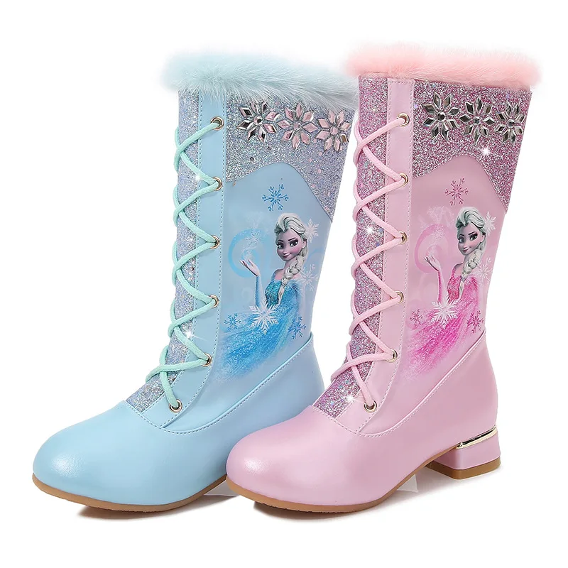 

Disney children's cartoon frozen princess crystal sequined high heel boots plus velvet warm long leather boots Martin boots