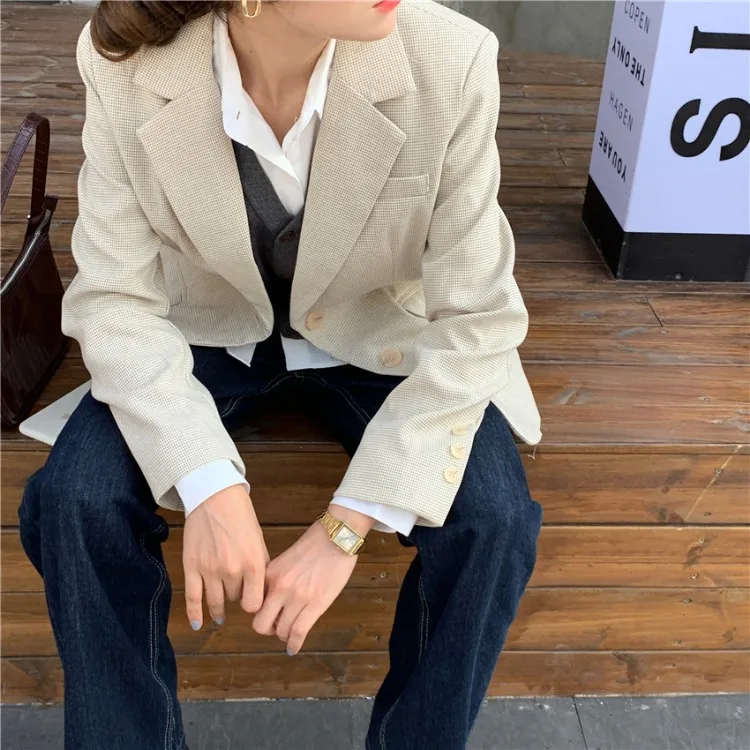 Женский Повседневный Блейзер небольшой винтажный Клетчатый жакет оверсайз