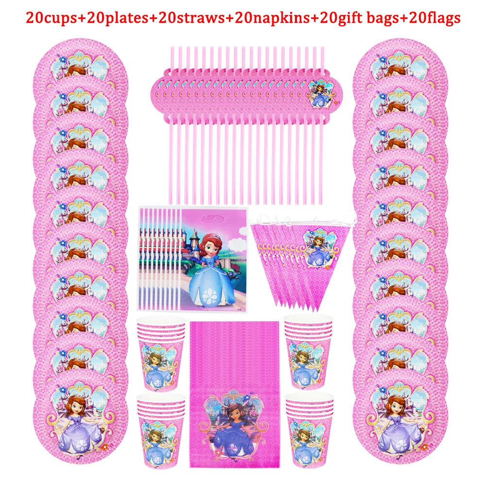 

Sofia Cartoon Figure Flags Cup Plates Disposable Tableware Disney Princess Party Supplies Girls Favorite Suitable For 20 People