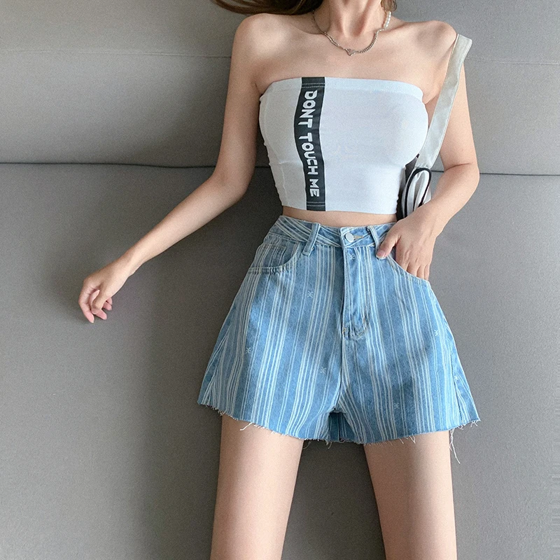 

INS High Waist Jeans Women Denim Shorts For Ladies Summer Instagram Stripe Style Streetwear New Hot Sell Wide Leg Short Pants