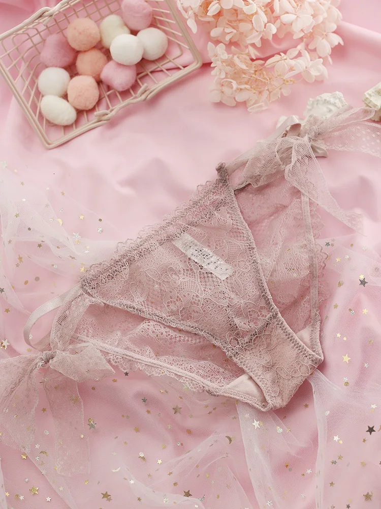 pink Японское милое Бандажное кружевное сексуальное нижнее белье женские банты Фея прозрачные трусики вышивка бесшовные трусы стринги белье - Цвет: pink