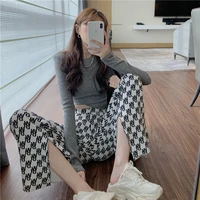 2021 early spring new korean high waist pants black white letters loose casual split straight wide leg pants fall y2k trouser