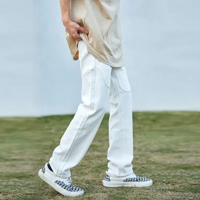 2022 England Style Stylish White Men Baggy Jeans Trousers Ankle Zipper Hip Hop Straight Solid Denim Pants For Teens Ropa Hombre