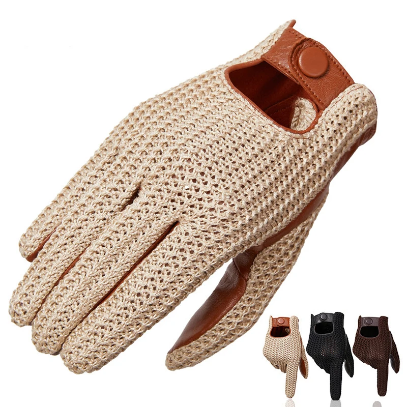 

Autumn Winter Men's Wool Knitted Goatskin Touch Screen Gloves Locomotive mitten Car Driving Genuine Leather Motorcycle Gloves