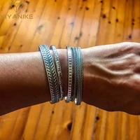 xiyanikesilver color vintage thai silver feather leaf bamboo weave bangle bracelet open cuff bangle for women men gifts