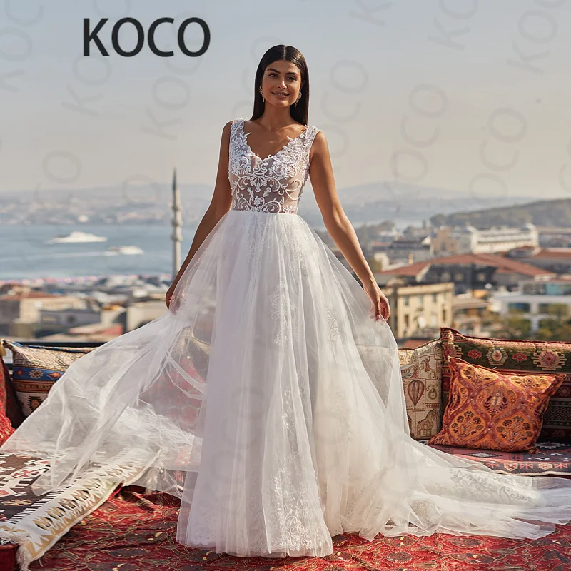 

MACDUGAL Wedding Dress 2021 Elegant V Neck Floral Tulle Beach Bride Gown Crystals Brush Train Vestido De Novia Civil Women Skirt