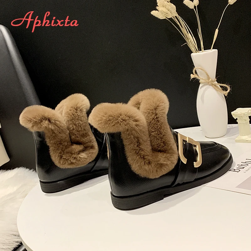 Женские кожаные ботинки с пряжкой Aphixta теплые зимние мехом и плюшевой подкладкой