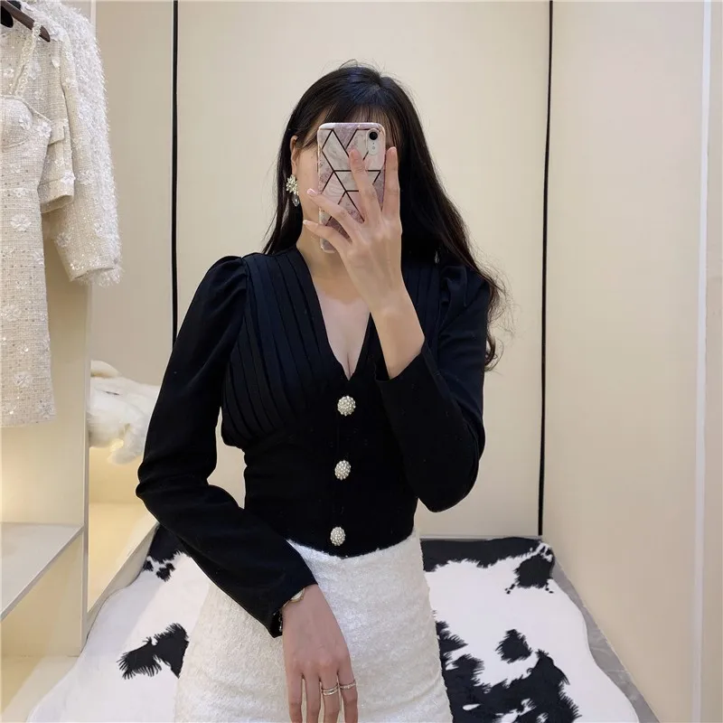 

Spring Office Ladies Sexy Deep V Neck Blouse Tops Crystal Buttons Long Sleeve Womens Shirt Chiffon Business Work Slim Fit Shirts