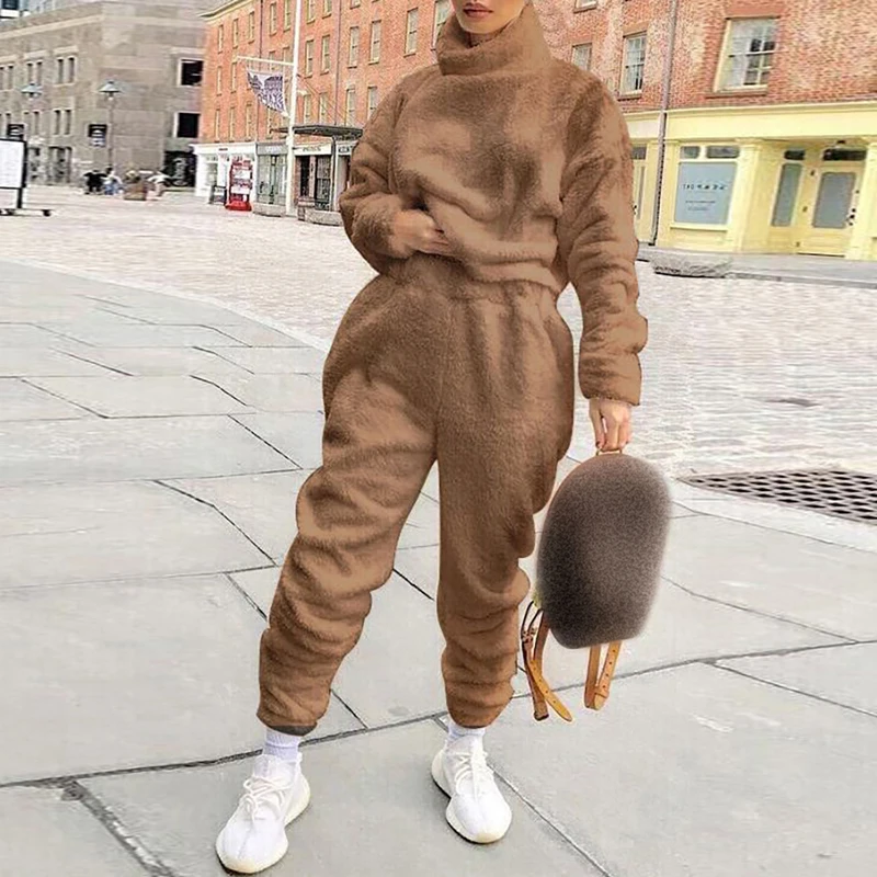 

Fashion Solid Long Sleeve Teddy Tops And Pants Set Women Casual O-Neck Fluffy Two Piece Suit Winter Turtleneck Streetwear Suits