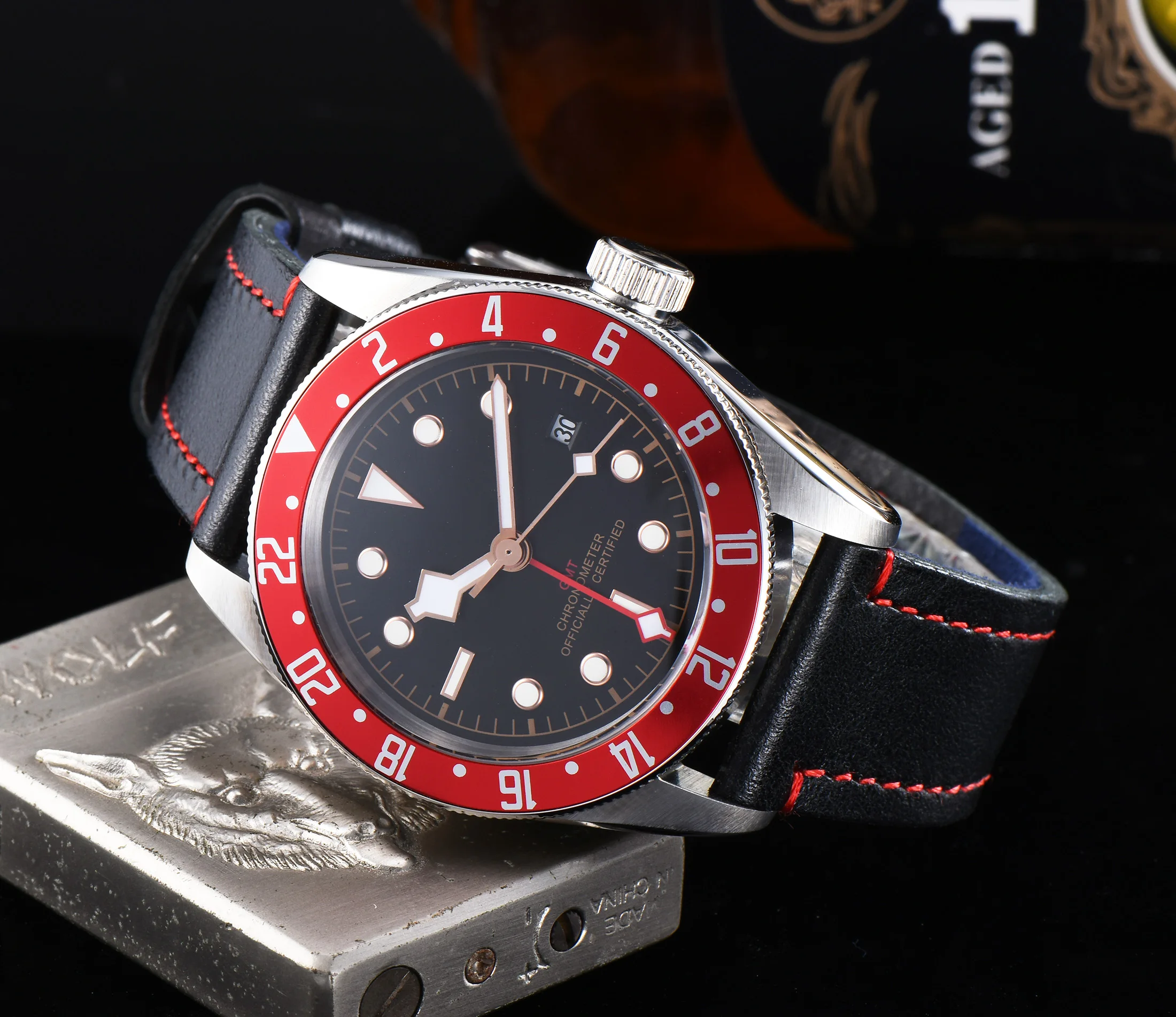 Corgeut 41 мм стерильные GMT часы черный циферблат Bay красный ободок окно даты автоматические мужские часы
