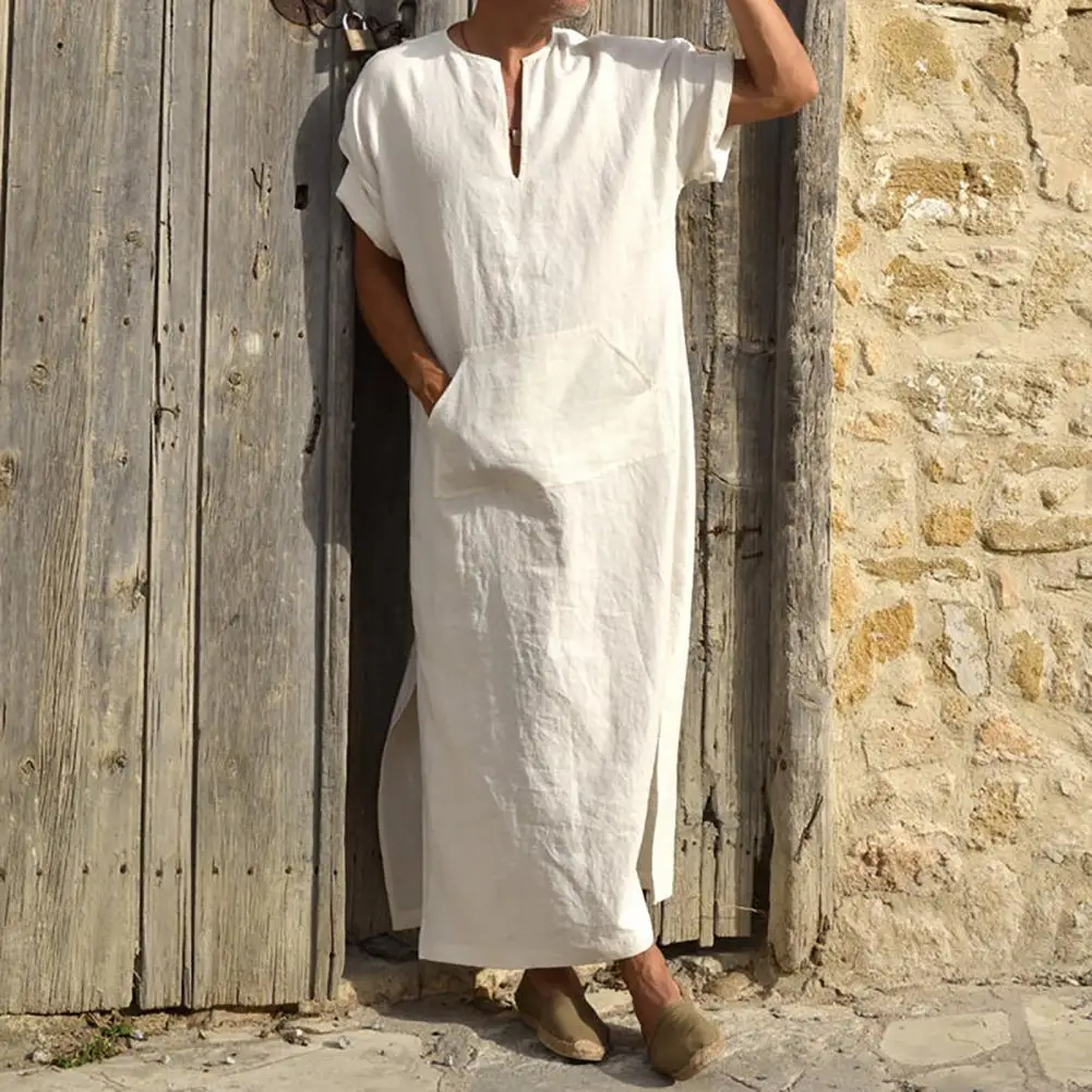 

Deep V-neck Men Robe Short Sleeve Solid Color Side Split Loose Robe Traditional Clothing Vintage Loungewear M-4XL