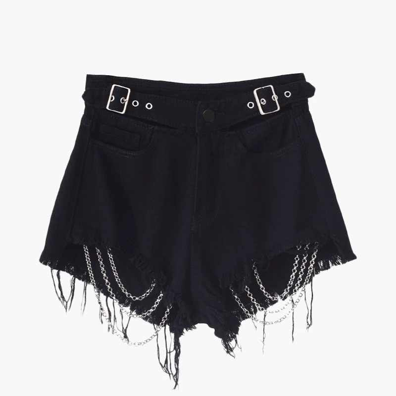 

Rosetic New Ripped Jeans Women Denim Shorts Summer Black Gothic Chain Buckle Fashion Punk Mini Shorts Sexy Goth Girl High Waist