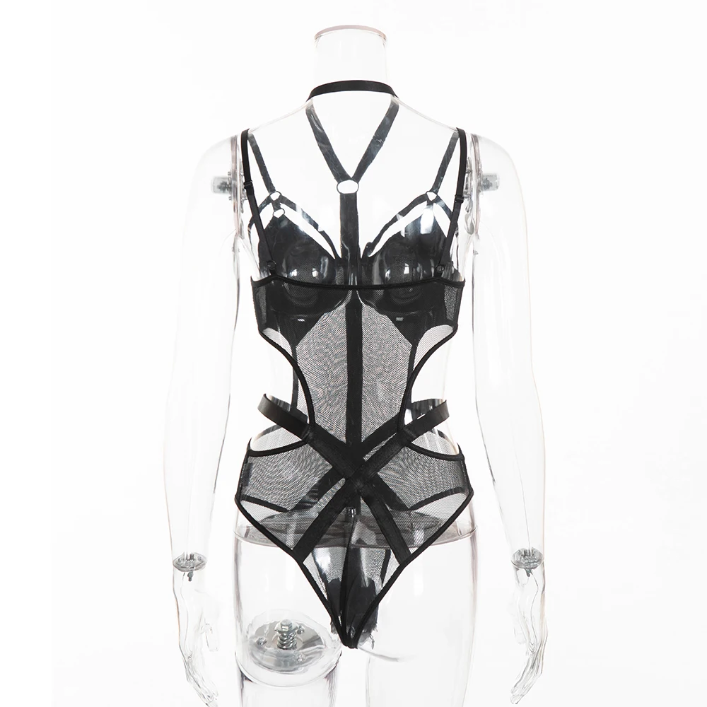 

Sexy Babydoll Club Overalls Lace Halter Hanging Neck Bandage Bodysuit Black Women Jumpsuit Hollow Out Patchwork Mesh