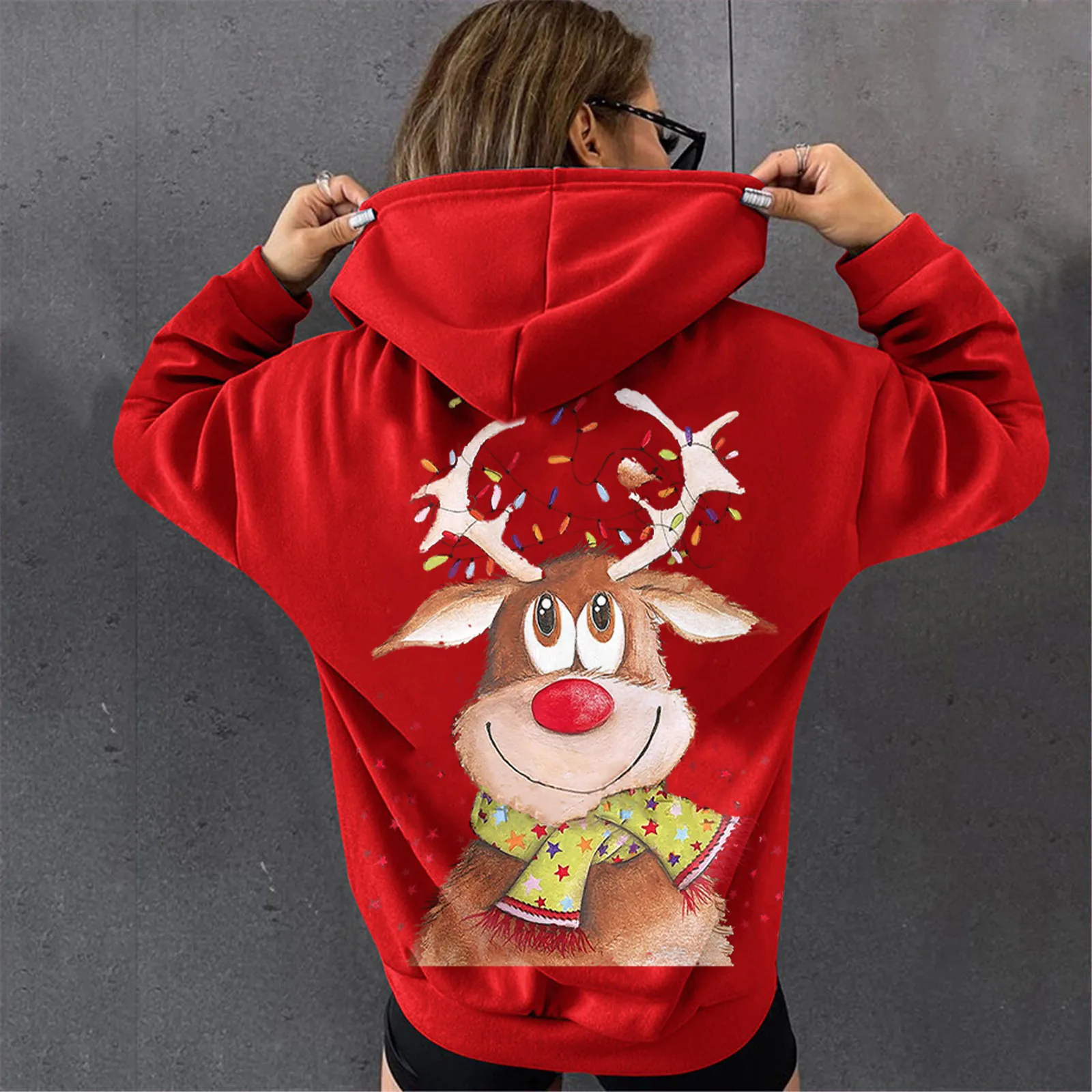 

Веселые Рождественские толстовки с принтом оленей на спине, женские свитшоты, свободные толстовки большого размера, милый свитшот, молодеж...