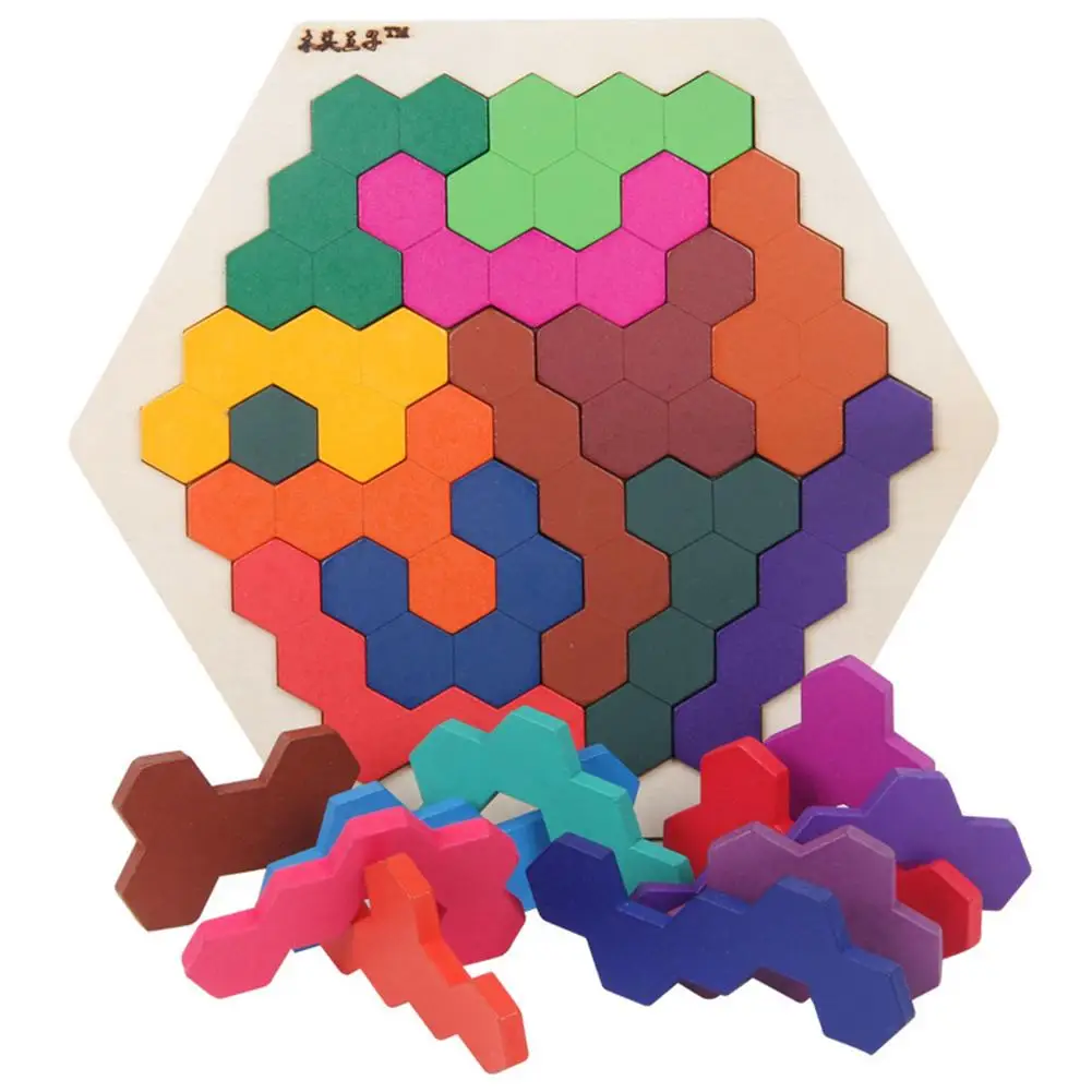 

Wooden Colorful Hexagon Tangrams Puzzles Table IQ Game Educational Kids Toy