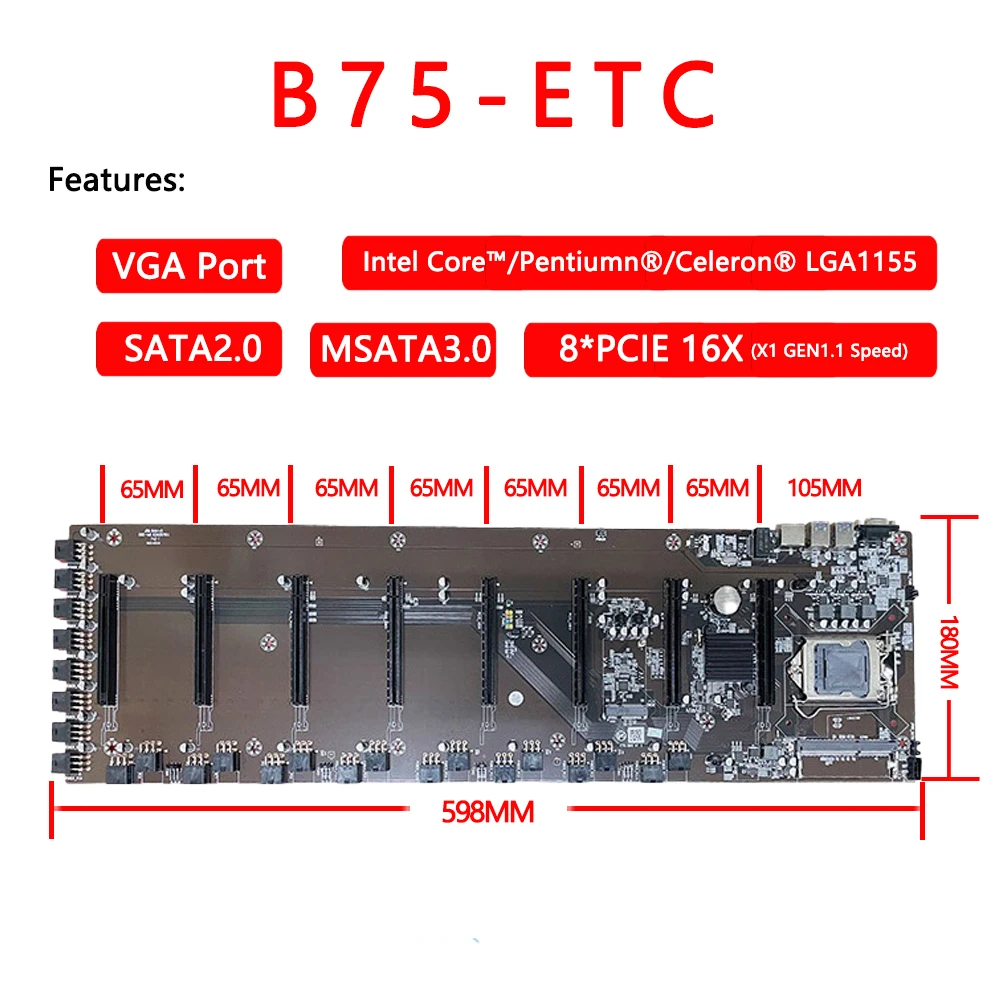 

Brand New Mining Machine B75 Motherboard 8 PCIE 16X Graphics Card Slot 8G Mainboard Memory For LGA 1155 CPU Eth Zec ETC Mining