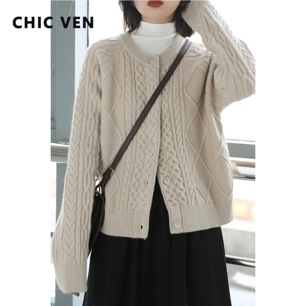 

CHICVEN Korean Fashion Casual Women Knitted Sweater Solid Vintage Twist Round Neck Women's Cardigan Autumn Winter 2021