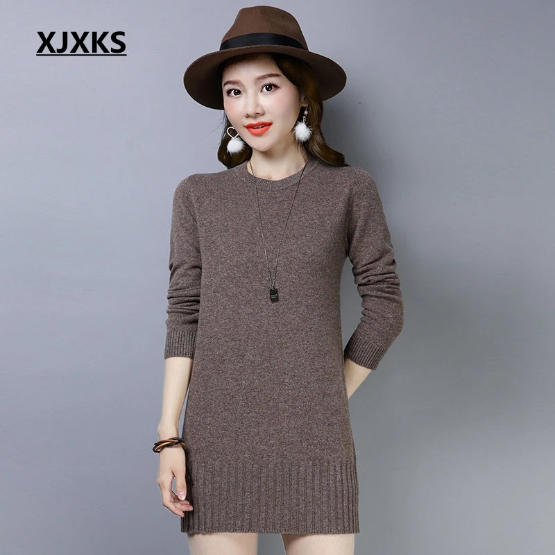 XJXKS Women Sweater Autumn 2020 Originality Knitted Casual Comfortable 100% Wool Long Dress Sweaters And Pullovers | Женская одежда