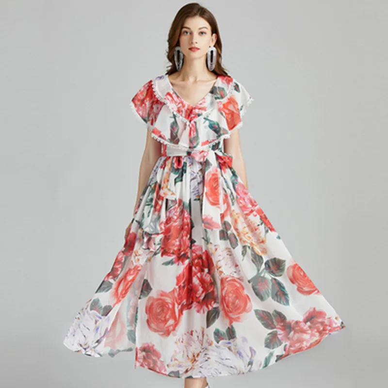 

Summer Luxuriy Rose Floral Print Lace Trims Vacation Dress Women's Butterfly Sleeve V-Neck Tiered Layer Belt Split Chiffon Dress