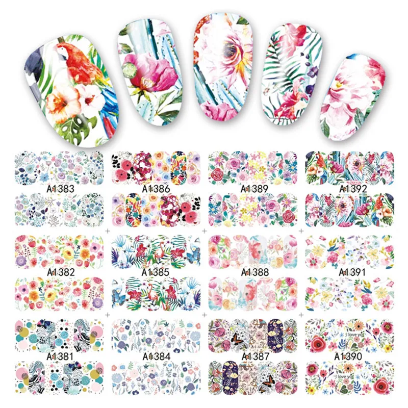 

12 Sheets Lot Water Decal Nail Art Nail Sticker Slider Full Cover Sun Flower Daisy Lily Jasmine Fruit Pattern Nail Decoration
