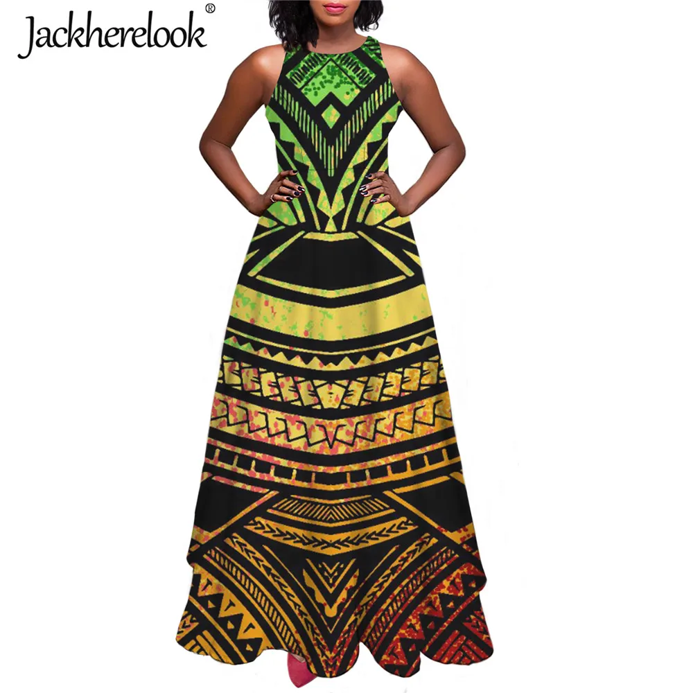 

Jackherelook Gradient Maori Samoan Polynesian Tattoo Tribal Pattern Elegant Sleeveless Maxi Dresses for Women Long Dress Vestido
