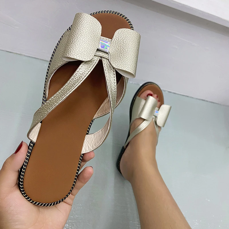 

Outdoor women's slippers New summer 2021 bow Color matching flip flops Flat bottom Beach shoes 42 yards