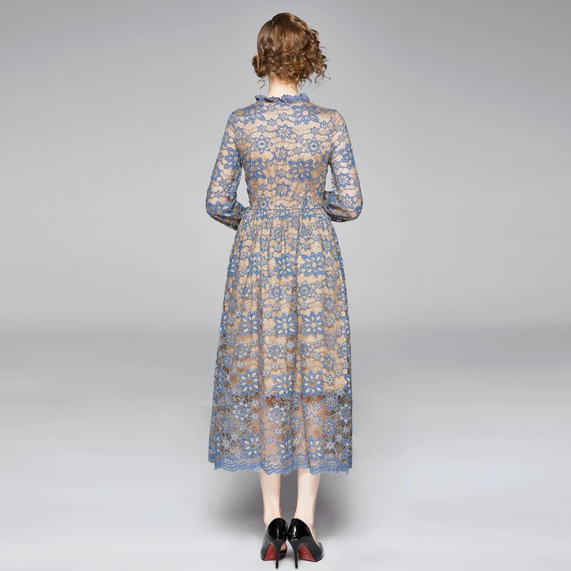 

2020 new summer long dress elegant temperament lace round neck cutout lace Women vintage maxi formal robe sexy blue