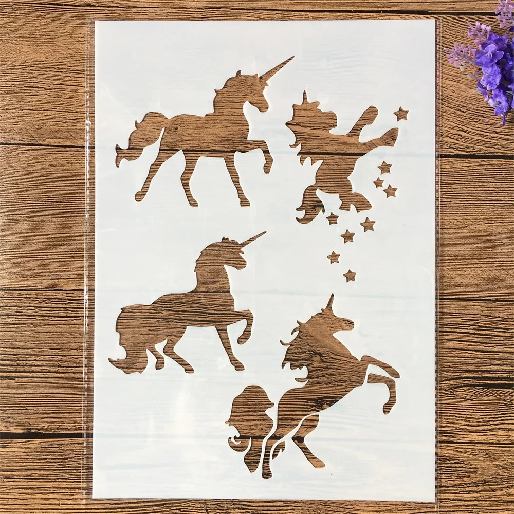 4Pcs/Set A4 29cm Unicorn Deer Horse Dolphin DIY Layering Stencils Painting Scrapbook Coloring Embossing Album Decor Template | Канцтовары