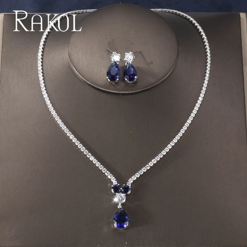 RAKOL Новая мода Роскошные AAA циркон форма капли воды ожерелье серьги набор украшений для женщин вечерние свадебное платье аксессуары