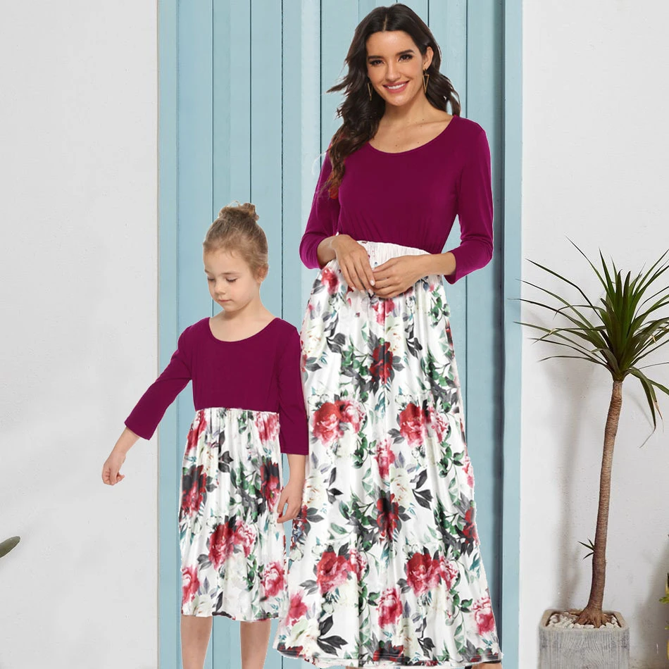

Flower Pring Mother Daughter Matching Dresses Family Set Spring Mom Mum Baby Mommy and Me Clothes Long Sleeve Women Girls Dress