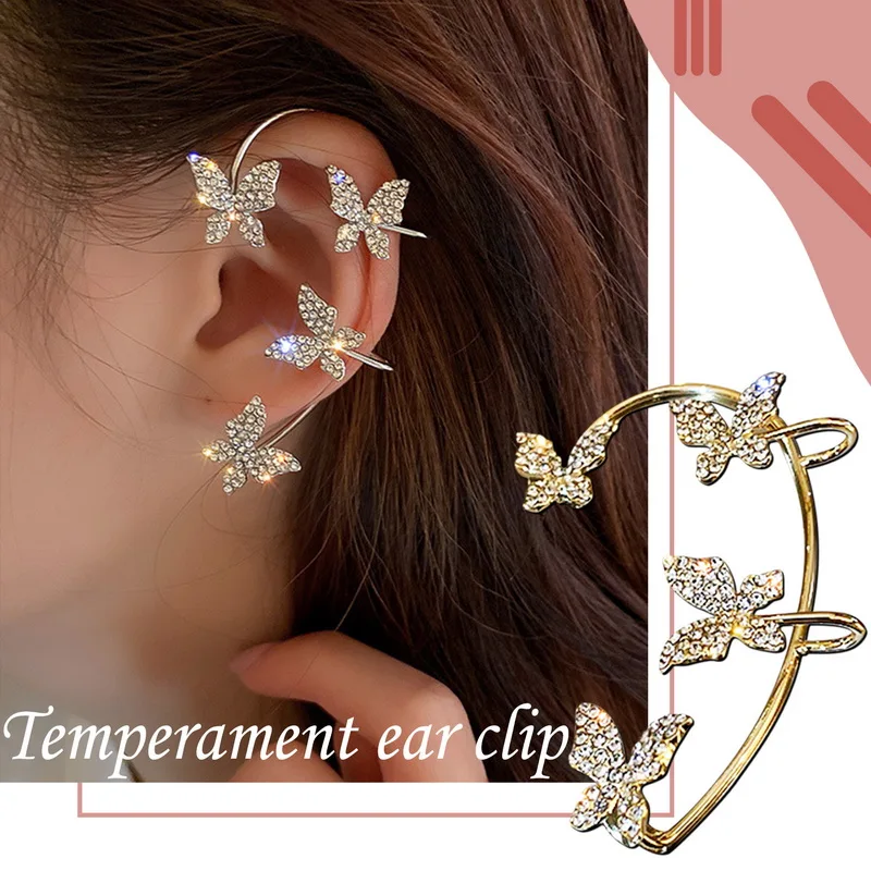 Gold Plated Ear Bone Clip Metal Sparkling Zircon Butterfly Ear Cuff Clip Earring Fairy Style Jewelry Decorations for Women