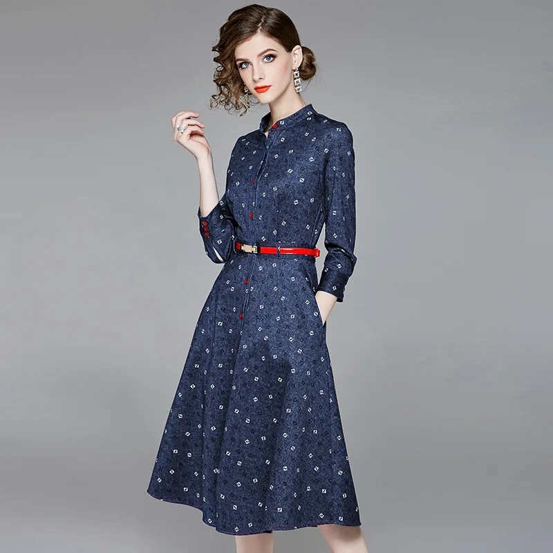 Office Lady Sping Denim Print Dress Women Stand Collar Three Quarter Pockets Slim Knee Length A Line Dresses with Sashes 2021