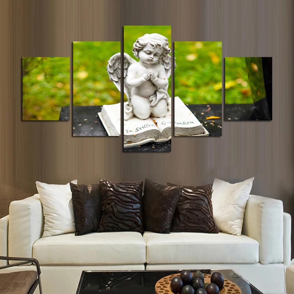 

Art Pictures Canvas Paintings Modular Posters 5 Panel Lovely Stone Angel Book To Pray Modern HD Printed Home Decor Tableau Wall