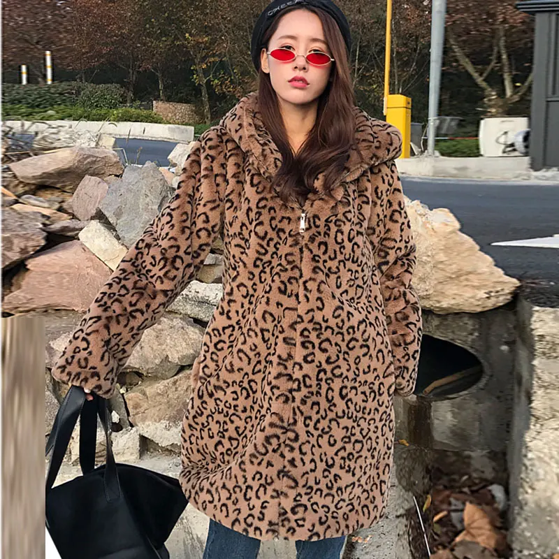Leopard Длинное зимнее пальто, Женское пальто из искусственного меха, Женская куртка из искусственного меха с леопардовым принтом, женское плюшевое пальто, пушистая куртка с капюшоном, плюшевая куртка - Цвет: Leopard