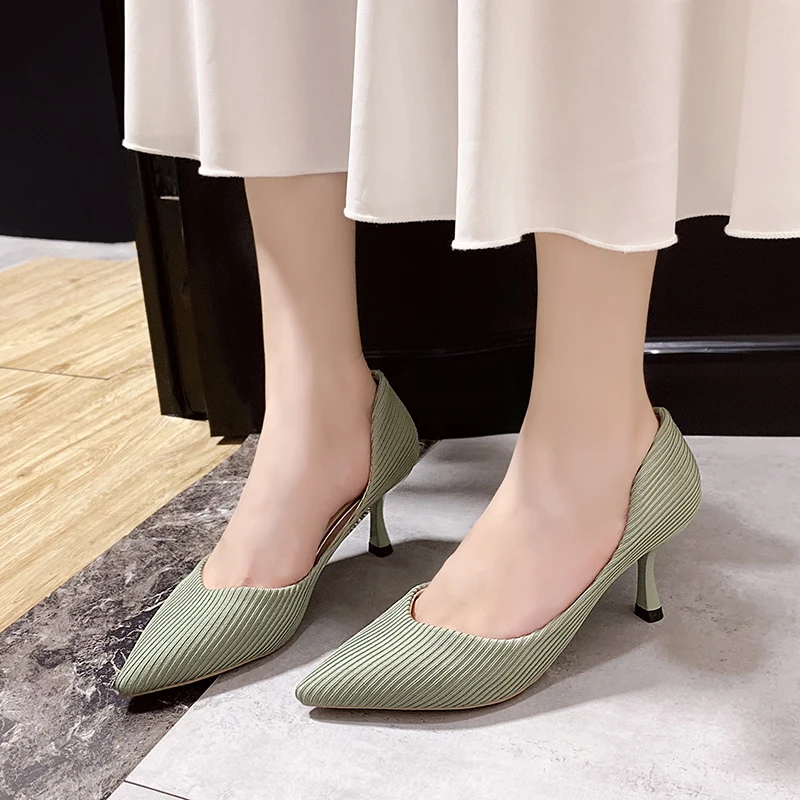 Дышащие трикотажные женские туфли лодочки на высоком каблуке из эластичной