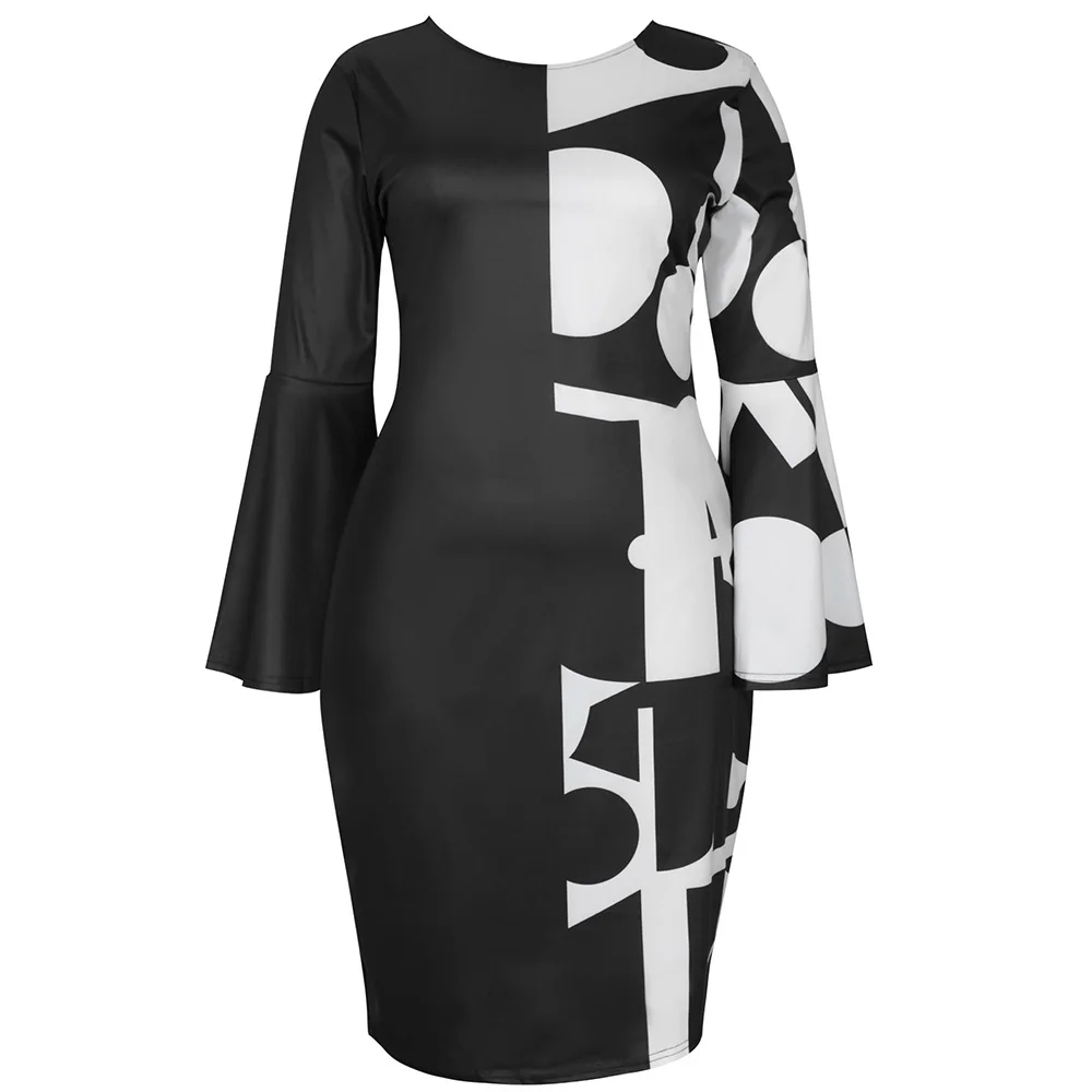Elegant Dress Plus Size 2022 Geometric Print New Year Evening Party Dress Autumn Winter Flare Sleeve Christmas Club Outfits 5XL