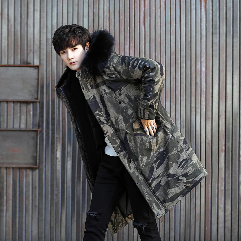 2020 New Winter Duck Down Jacket Men Camouflage Long Coat Raccoon Fur Collar Warm Men's Jackets 19001 KJ3446 | Мужская одежда