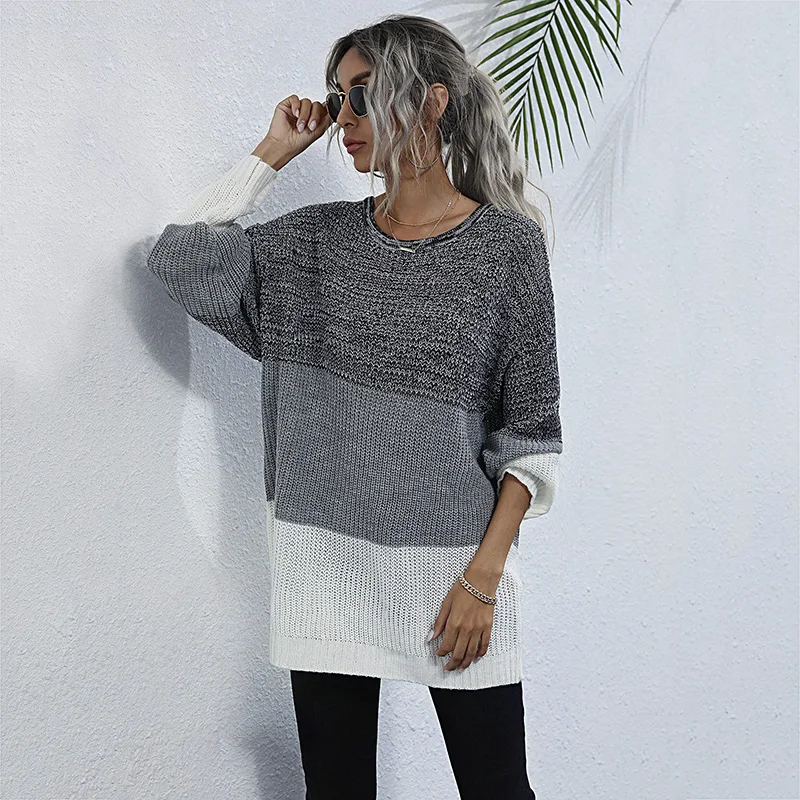 

Women Fashion Patchwork Color Knitted Long Pullovers Sweater Tops For Women 2021 New Autumn Winter Casual Jumper Sweater