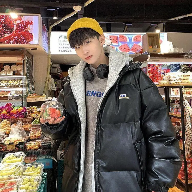 Bread Clothes Men's Loose Thick Hooded PU Leather Coat Men's Splicing Cotton Coat Winter Warmth Cotton Jacket Tide  Men Jacket