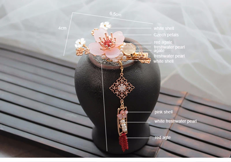 Китайский стиль розовый цветок шпилька кисточка Женские аксессуары для волос