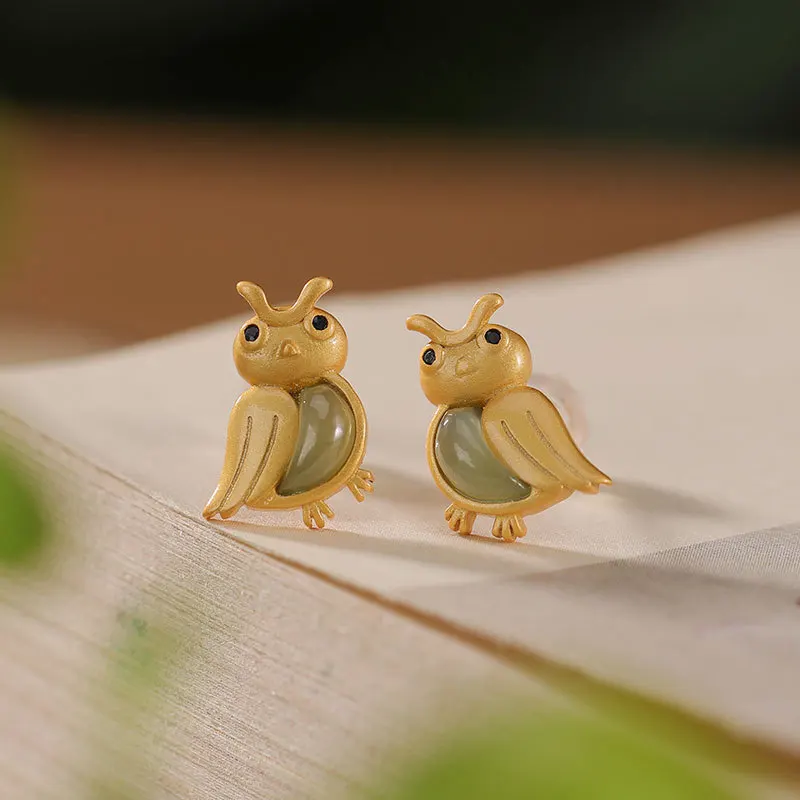 

S925 Sterling Silver Gilded Inlaid Natural Hetian Jade Nephrite Stud Earring Elegance Sweet Owl Earrings Fine Jewelry L0007
