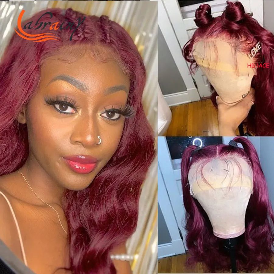 

13x6 99J Burgundy Colored HD Transparent Lace Frontal Wig Body Wave Human Hair Wavy Lace Front Wigs Preplucked For Black Woman