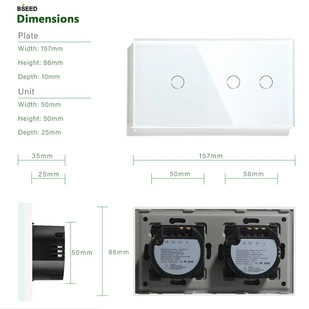 Сенсорный выключатель Bseed настенный переключатель с 2 клавишами и