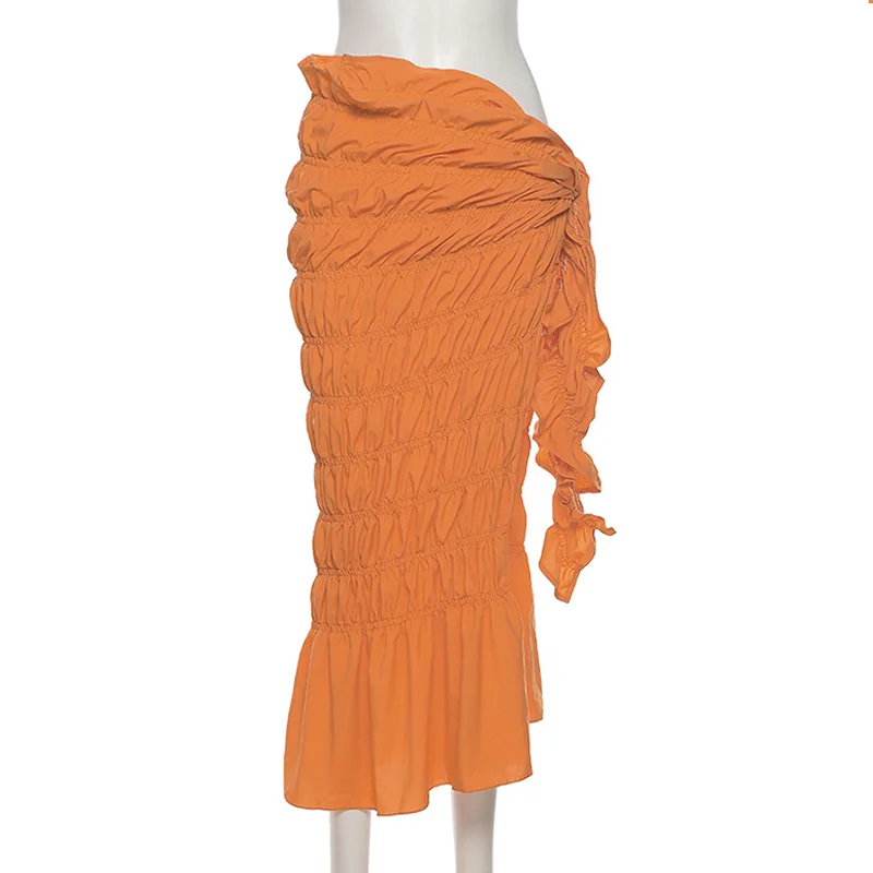 

Sexy Ruched Woven Skirt For Women Side Split Harajuku Casual Clothing Female Irregular Shape Lace Up Casualwear Women's Skirts