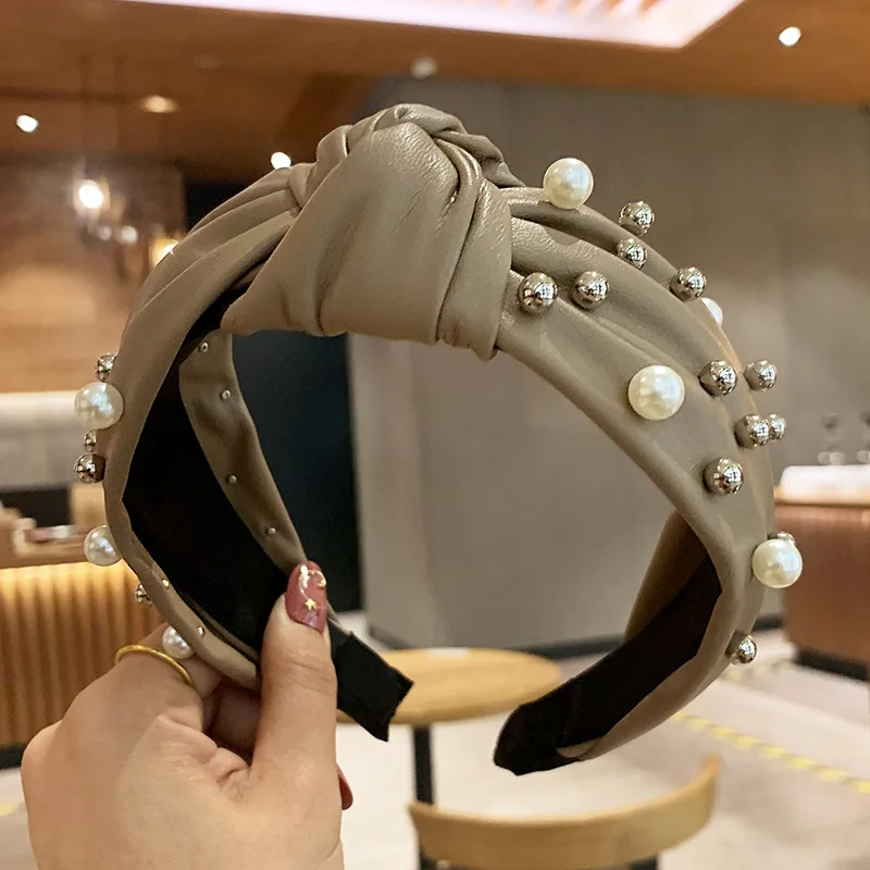 Ободок из искусственной кожи с узлом для девушек Женский ободок жемчугом