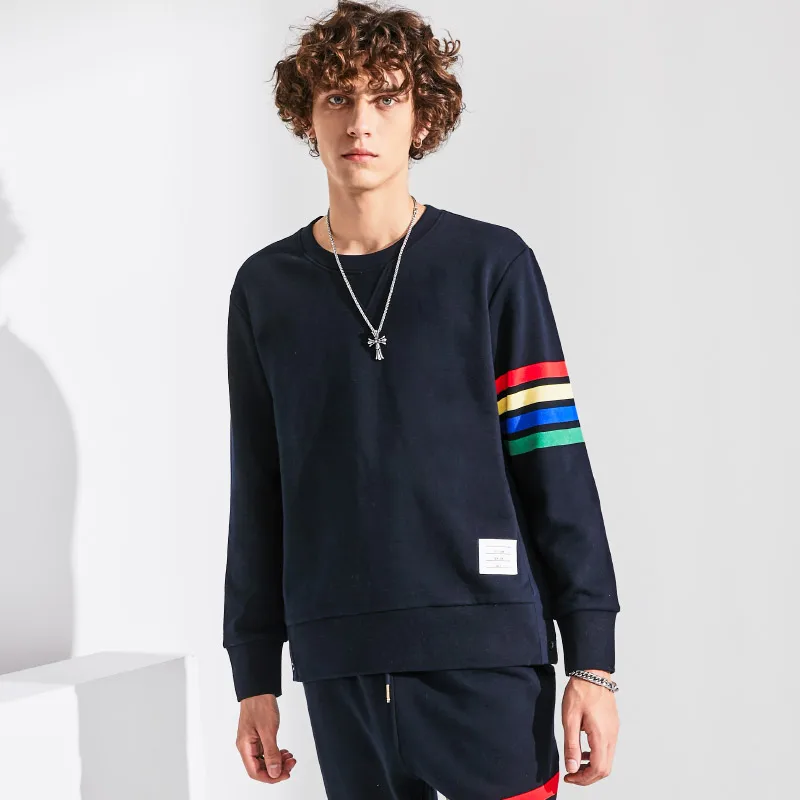 

TB 2021 Fashion Brand Autumn hooded Clothing Cotton Color stripes Jacket Men Sweatshirts O-Neck Casual Sportswear Coat