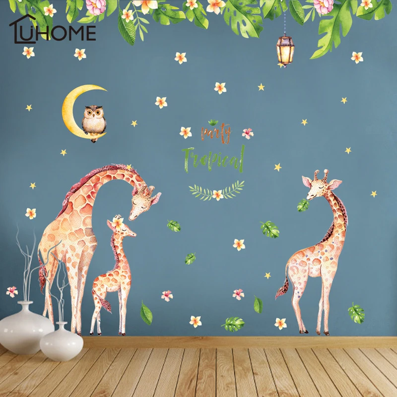 3D мультфильм джунгли дикие животные Жираф семья тропические листья цветы