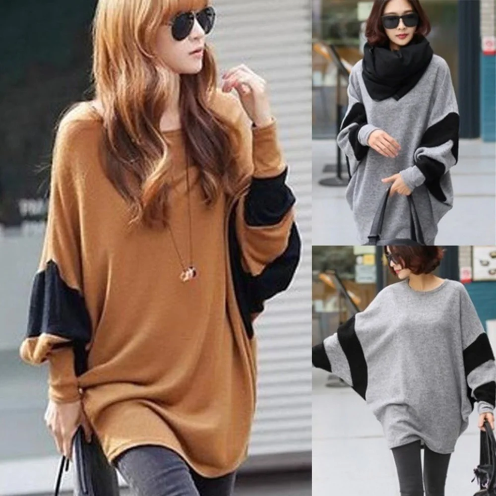 

Women Loose Batwing Sleeve T Shirt Top 2022 Spring Long Sleeve O-neck Patchwork T-shirt For Women Autumn Casual Gray Tshirts